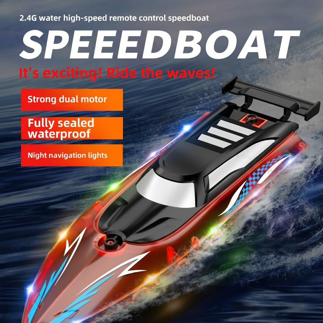 Barco de carreras RC de 2,4 GHz, 50 km/h, juguete acuático rápido con iluminación (azul/4 baterías)