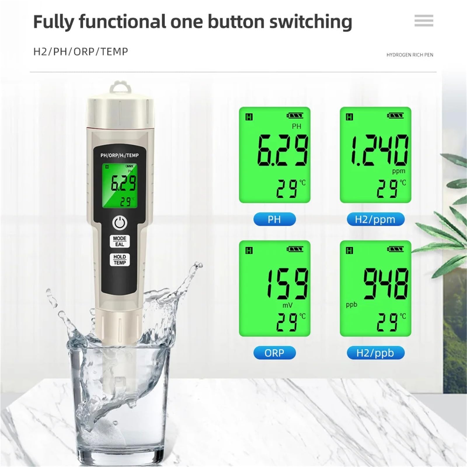 Misuratore di pH 4 in 1, tester arricchito idrogeno, retroilluminazione, ORP, H2, TEMP, penna prova portatile, rilevatore qualità acqua for acquario da piscina,Multifunzionale