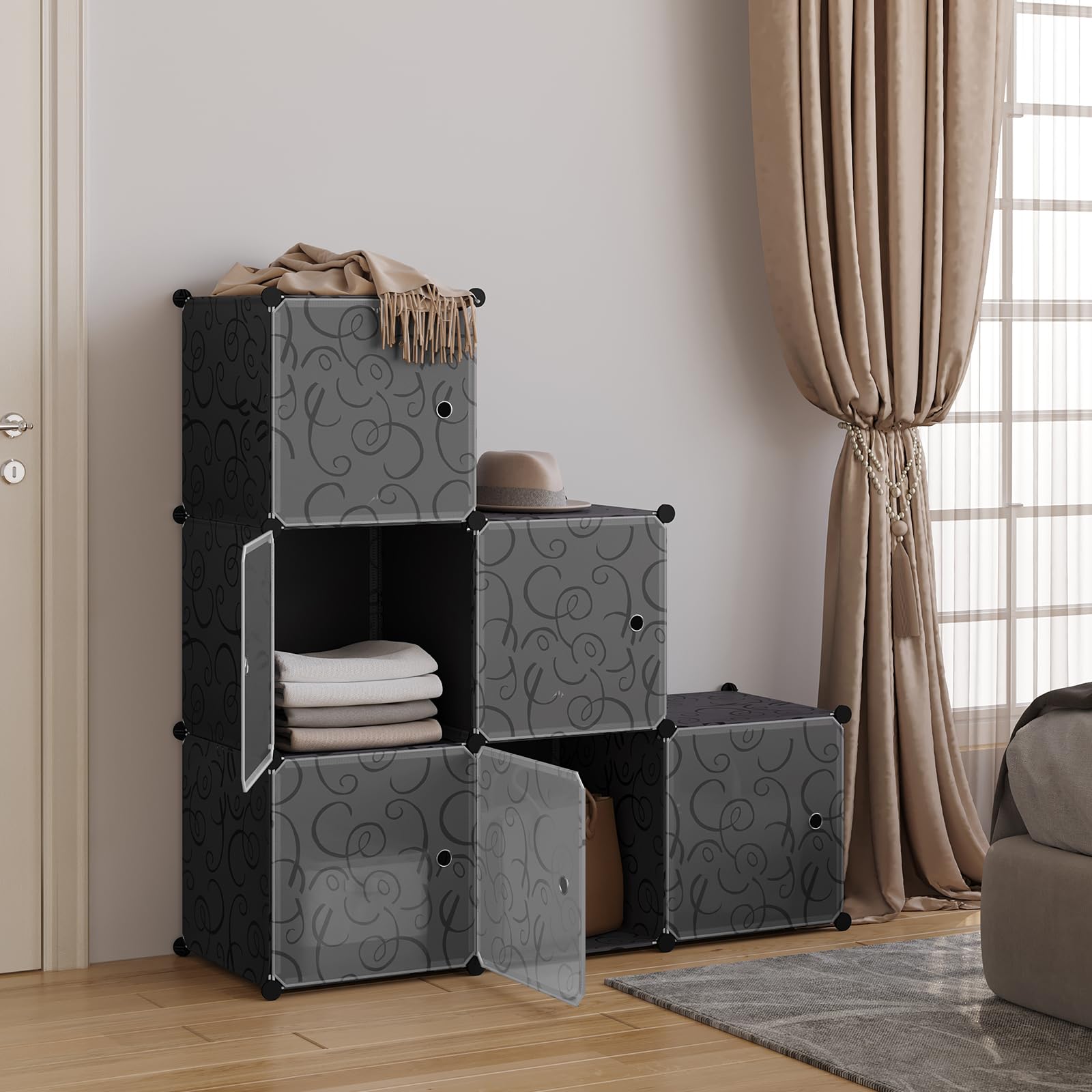 WOLTU Armoire de Rangement Plastique, Meuble de Rangement Modulable, Étagère Chaussures, Armoire Cube avec Portes pour Vêtements, Jouets, Livres,Chaussures, 6 Casiers, Noir