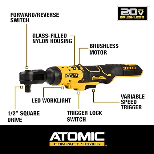 Miniatura 2 de DEWALT ATOMIC - Trinquete inalámbrico sin escobillas de 20 V Max, 1/2 pulgada, solo herramienta desnuda (DCF512B)