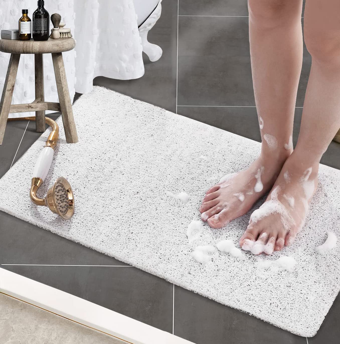 Bingobang White Bath Mats Non Slip,Shower Mat Rubber 60X40cm,Extra Soft Anti-Mould, Machine-Washable,For Bathroom Floor,Bathtub(White)