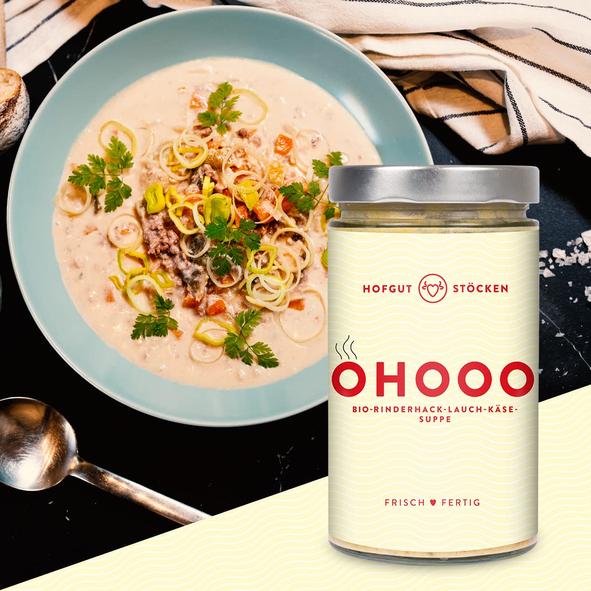 Hofgut Stöcken | Genießerpaket "Camper" vom Testsieger | 6x 620ml Bio-Fertiggerichte im Glas |Bio-Pizzasuppe|Bio-Käsesuppe|Bio-Gulaschsuppe|Bio-Rahmgeschnetzeltes|Bio-Chili con Carne|Bio-Bolognese