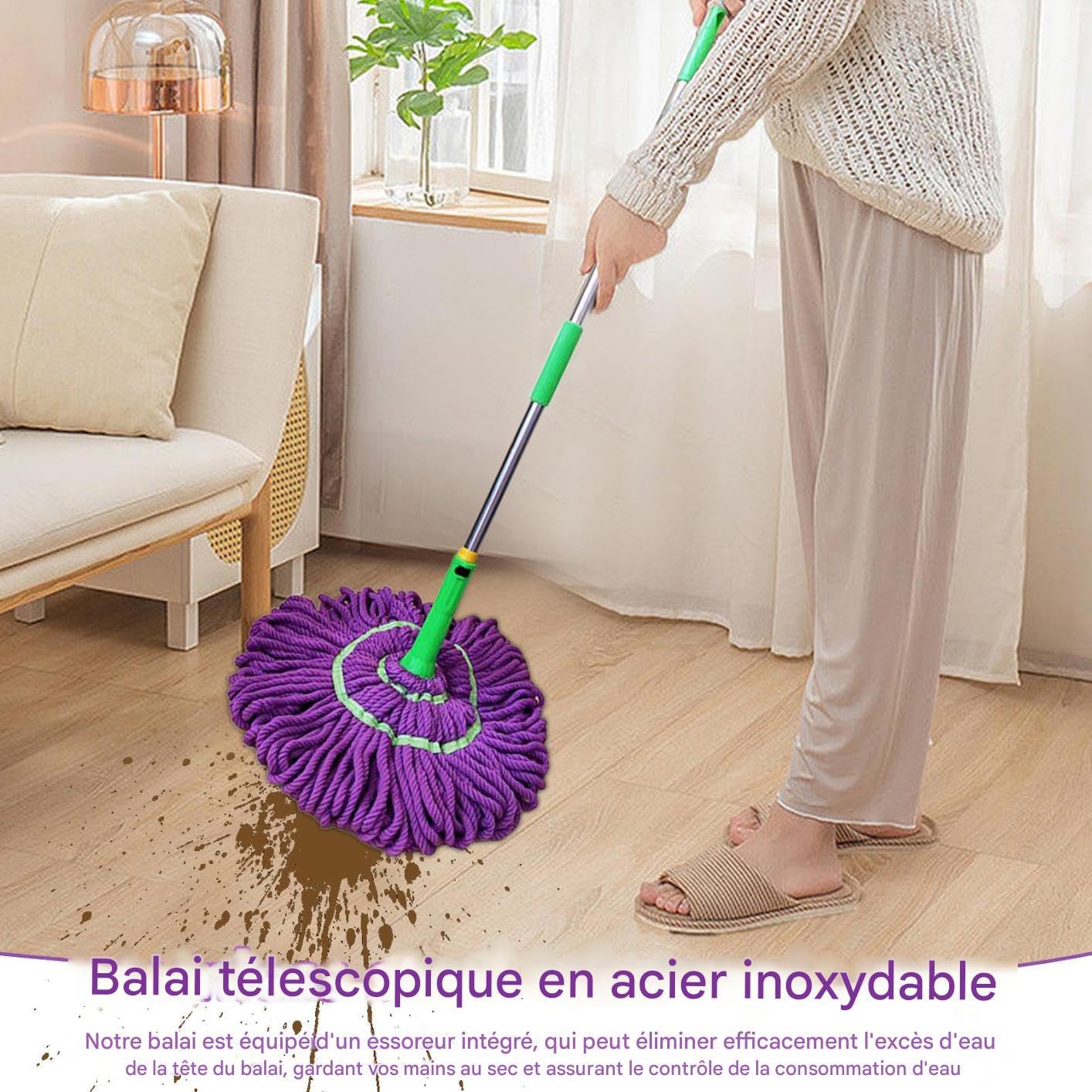 Balai Serpillère Twist Mop, Vadrouille Nettoyage Lave Sol avec Télescopique Manche de 115 cm de Long, Double Usage Humide et Sec pour Le Nettoyage du Bois, Carrelage, Marbre
