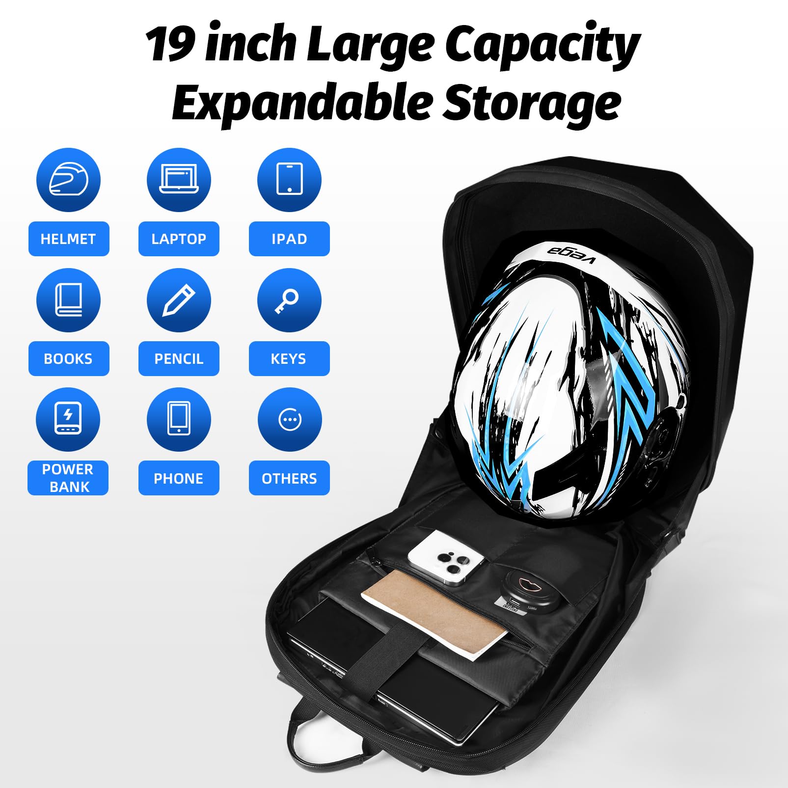 Sac à dos LED pour motard homme, Sac à dos de moto étanche avec ordinateur portable, Affichage couleur complet et yeux programmables DIY,Noir