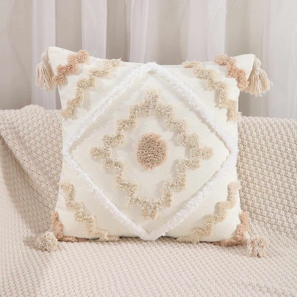 2 Pack Boho Tufted Throw Pillow Covers Geometric Square Pillow Cases for Couch Sofa Bed Living Room, 18x18 Inch