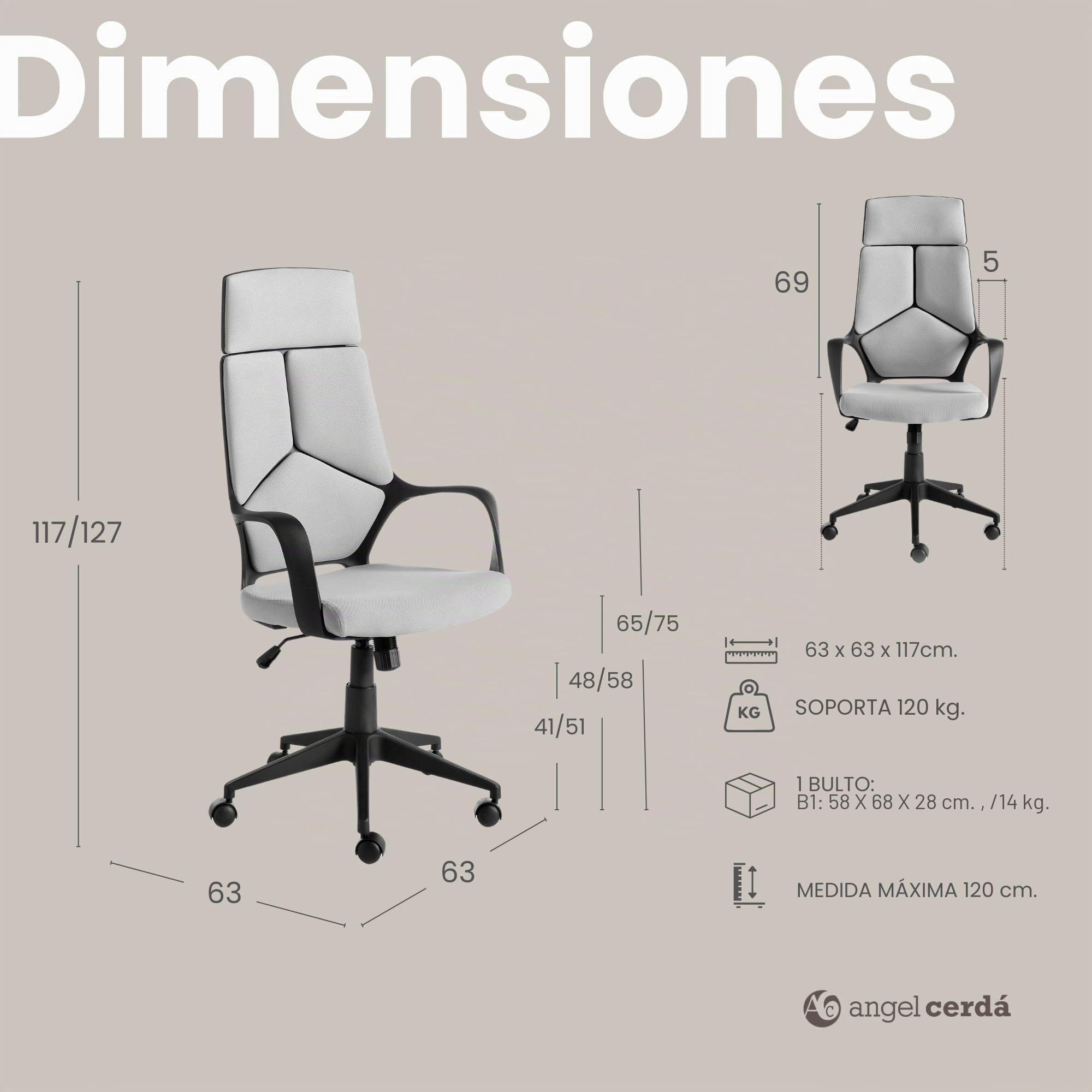 Angel Cerdá – Silla Escritorio Premium Giratoria, Tapizada en Tela Gris | Silla Escritorio Ergonomica Respaldo Ancho y Reposabrazos | Patas Acero Cromado | 63 x 63 x 117/127 cm
