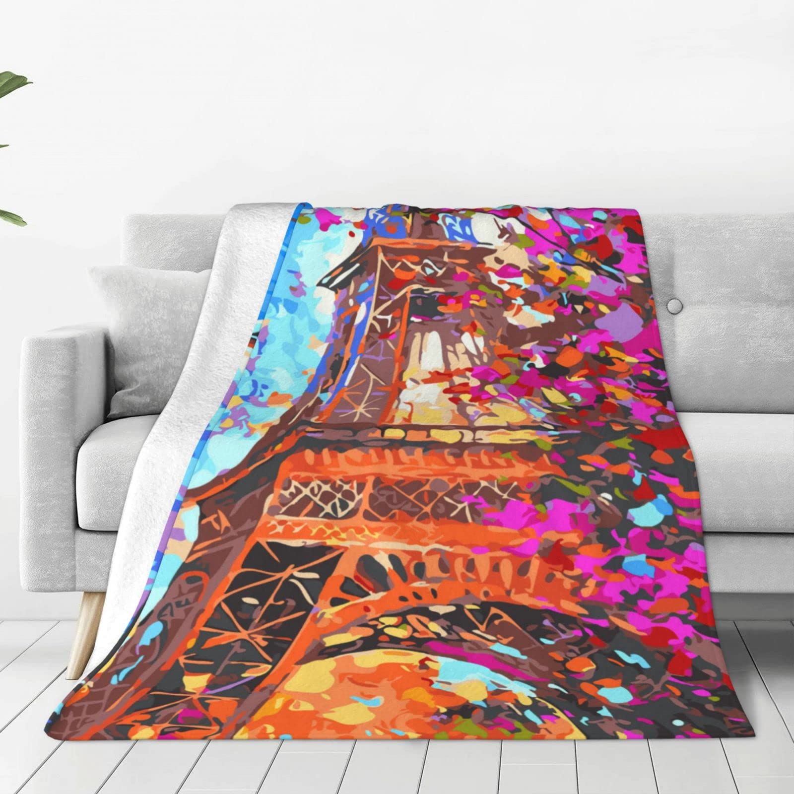 Lsjuee Throw Blanket Eiffel Iron Watercolor Painting Warm Cozy Soft Lightweight Flannel Fleece Blanket for Bedroom Sofa Room Home Decorative Fuzzy Blanket 50"x40"