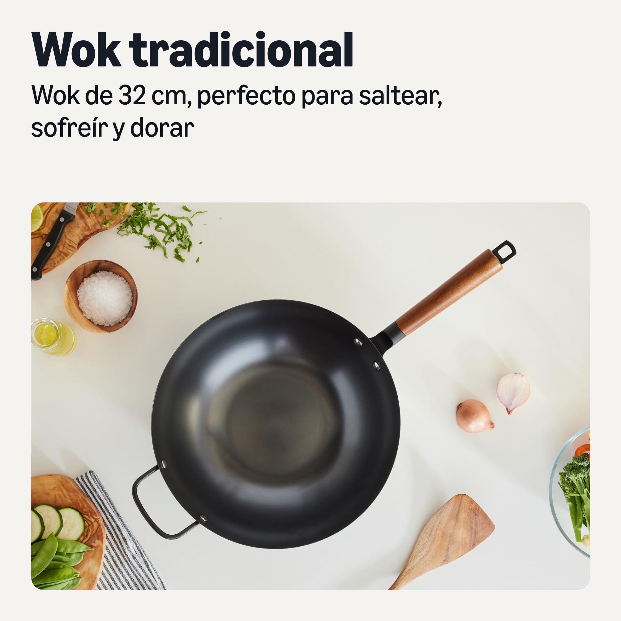 Amazon Basics Wok de Acero al Carbono Presazonado con Asa de Madera de Acacia, Compatible con Todo Tipo de Fuegos, 32,0cm