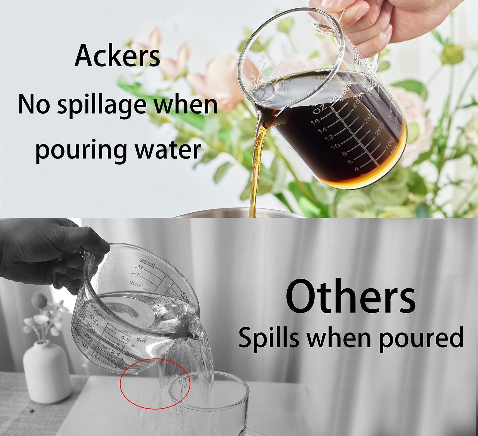 Ackers BORO3.3 Messbecher aus Glas mit Ätzskala, isolierter Griff, V-förmiger Auslauf, Messbecher aus hochwertigem Borosilikatglas, Messbecher für Küche oder Restaurant, leicht zu lesen, 500 ml, 2