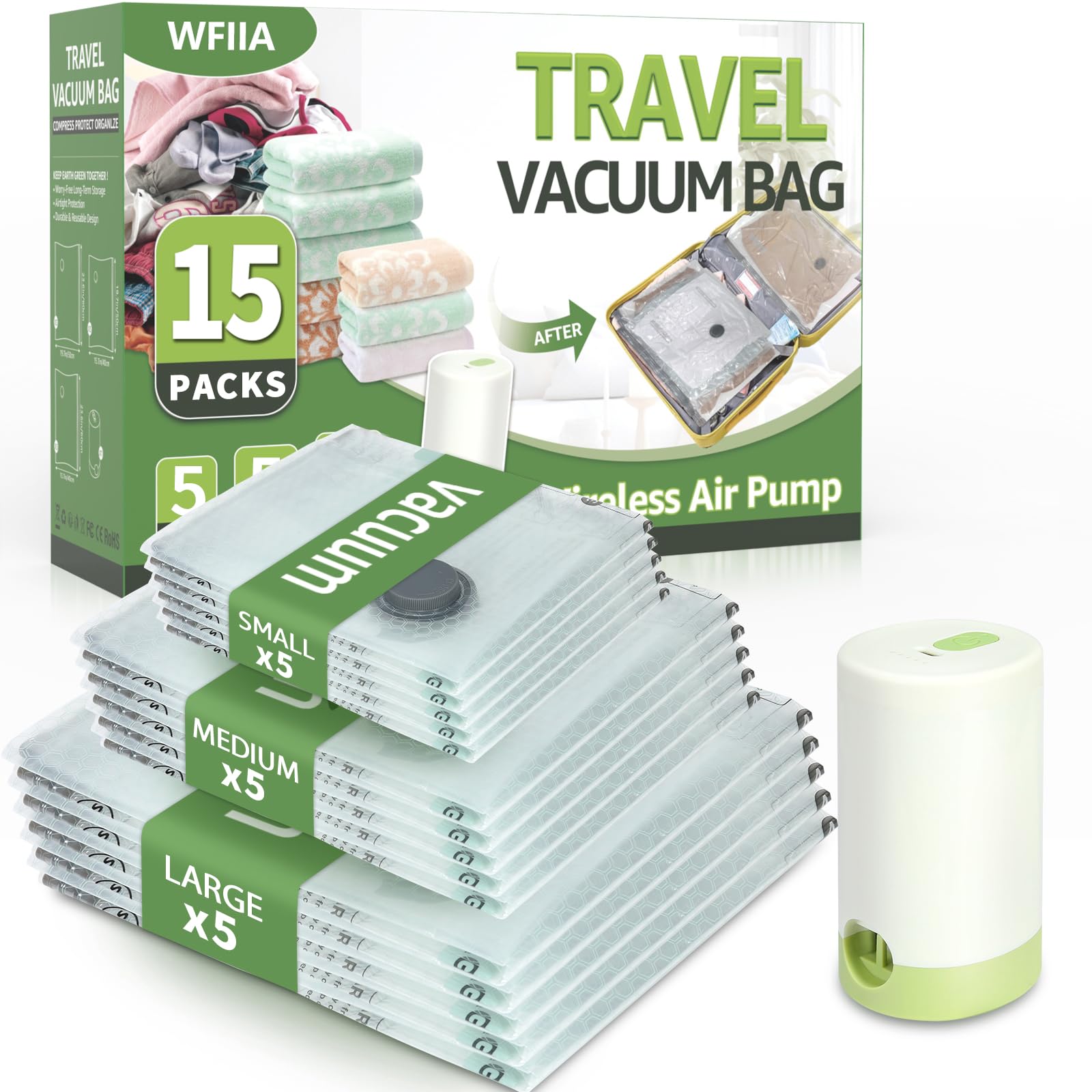 Photo 1 of 15 Packs Vacuum Bags for Travel with Rechargeable air Pump, 3 Sizes Vacuum Seal Bags for Clothing, Space-Saving Compression Storage Bags for Travel & Closet Organization
