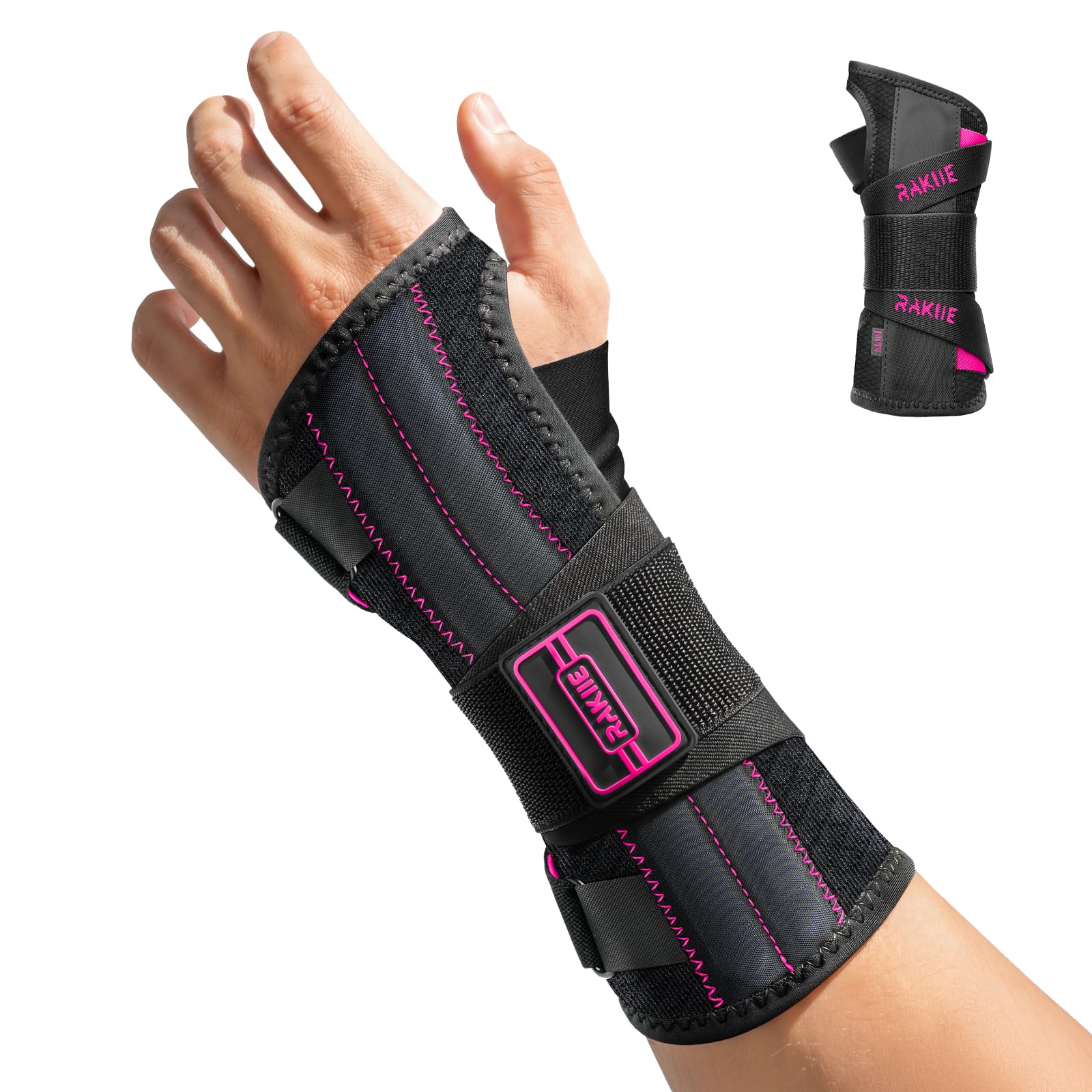 Rakiie Handgelenkstütze, Handgelenk Bandagen Nachtschale für Verstauchung & Zerrung, Handbandage für Damen & Herren (Linke Hand, L, Rosa)