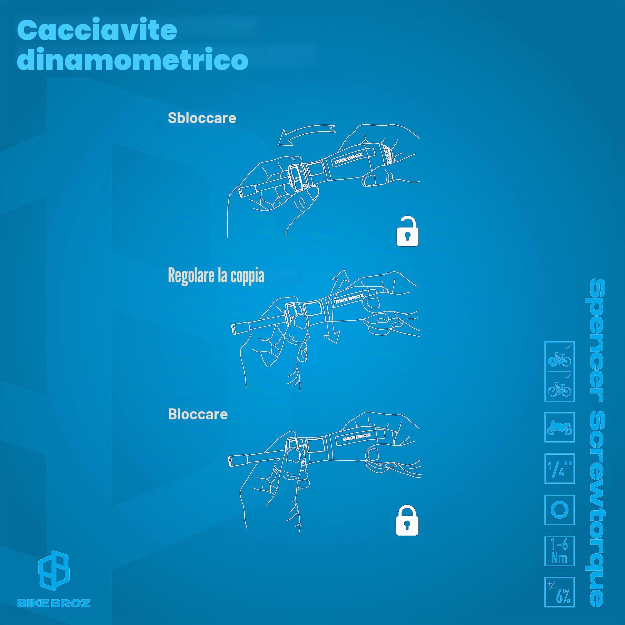 81664 - Chiave dinamometrica per riparazione biciclette, 1/4" | Cacciavite dinamometrico con supporto per punte e tuta destra 1-6 Nm | "Spencer Screwtorque" | 70001