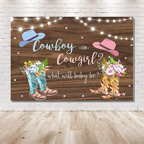 Miniatura 6 de MEHOFOND Fondo de revelación de género de vaquero o vaquera con texto en inglés He or She What Will Baby Be, estampado floral de madera rústica,