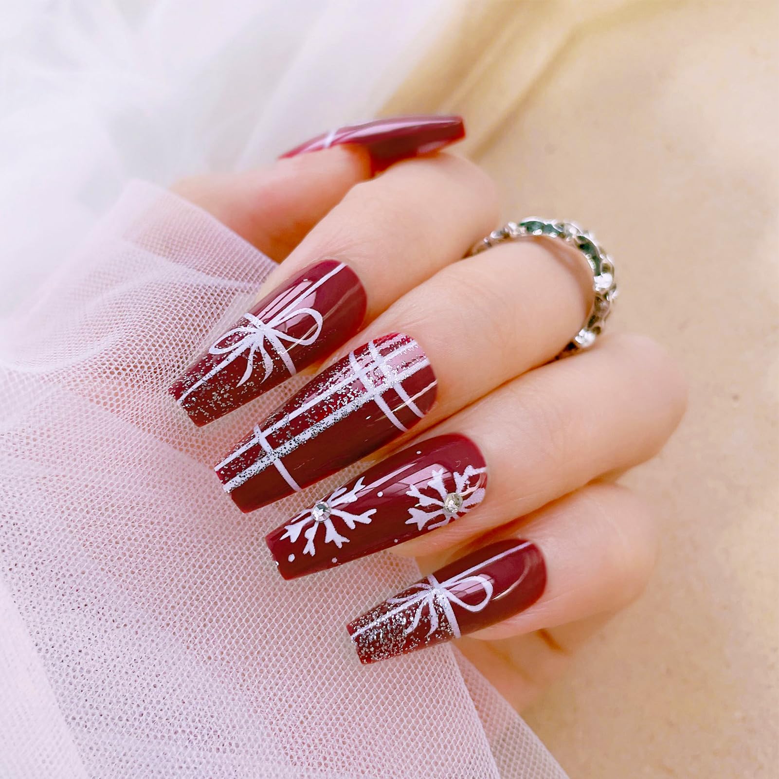 Ballerina Gold Glitter Wine Red Fake Nails - Luxury Reusable Bow Lattice Acrylic Nails with Rhinestone Snowflake Design - 24pcs