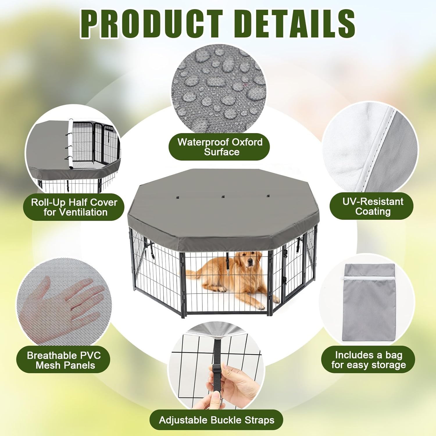 Dog Playpen Mesh Fabric Top Cover Fits 24 Inch Width 8 Panels for Indoor Outdoor, Sun/rain Proof Dog Pen Cover with Durable Fabric/mesh Netting Provides Shade (Playpen Not Included)