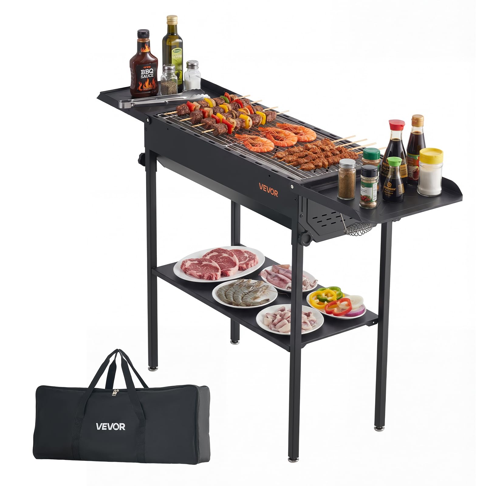VEVOR Barbecue au Charbon Pliable, Gril de Barbecue Pliant et Portable, Matériel pour BBQ Camping Jardin, Hauteur Réglable et Tablettes Latérales Rabattables, en Acier Thermolaqué Haute Température