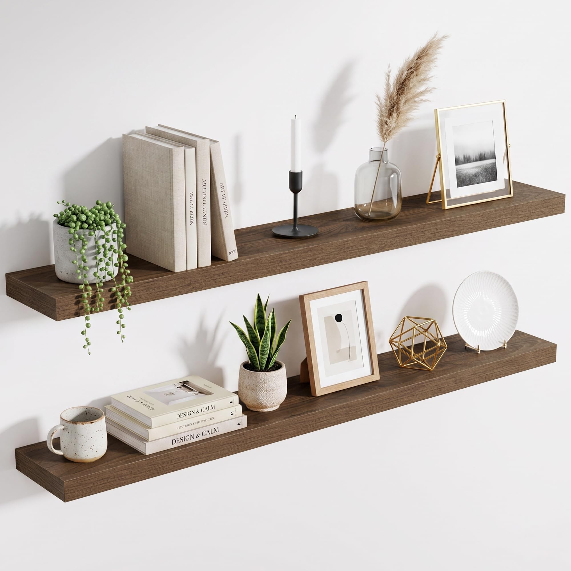 Acovy Floating Shelves for Wall, Extra Thick 120cm Long Wooden Wall Mounted Shelf, Wall Shelves for Living Room Bathroom Bedroom Kitchen, Walnut, Set of 2
