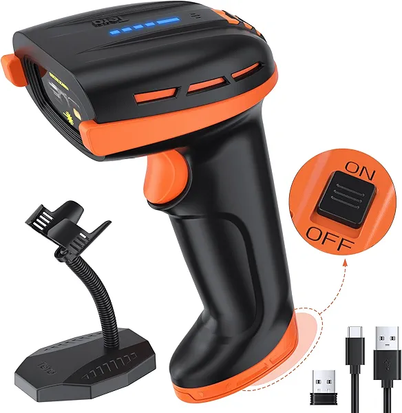 Tera Pro Barcode Scanner with Power Switch Battery Level Indicator Replaceable Battery Wall Mountable Stand 1D 2D QR Works with Bluetooth 2.4G Wireless USB Wired Bar Code Reader D6100