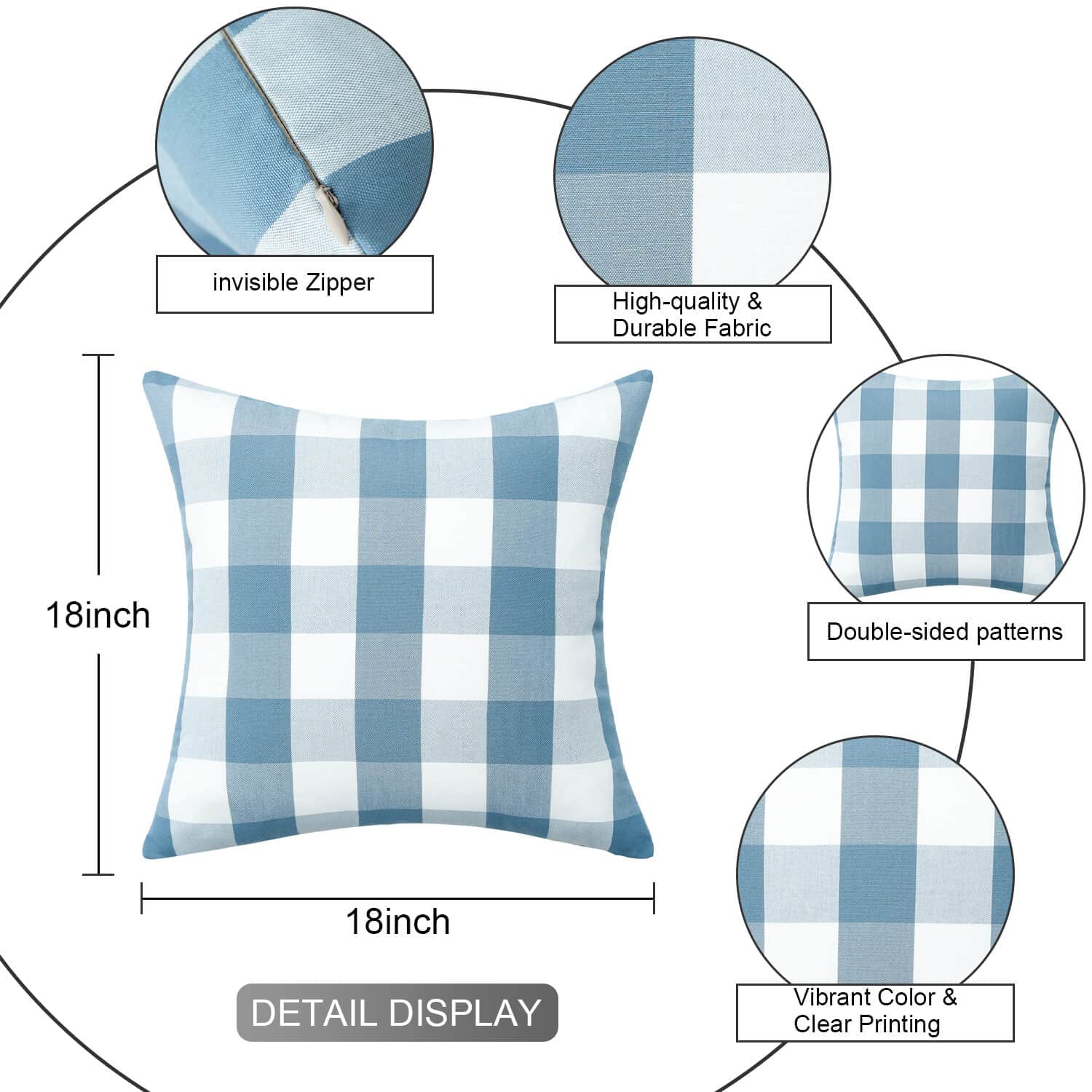 VOGOL 2 Pack Throw Pillow Covers - 18x18 Inch Navy & White Plaid Buffalo Check, Zipper Closure