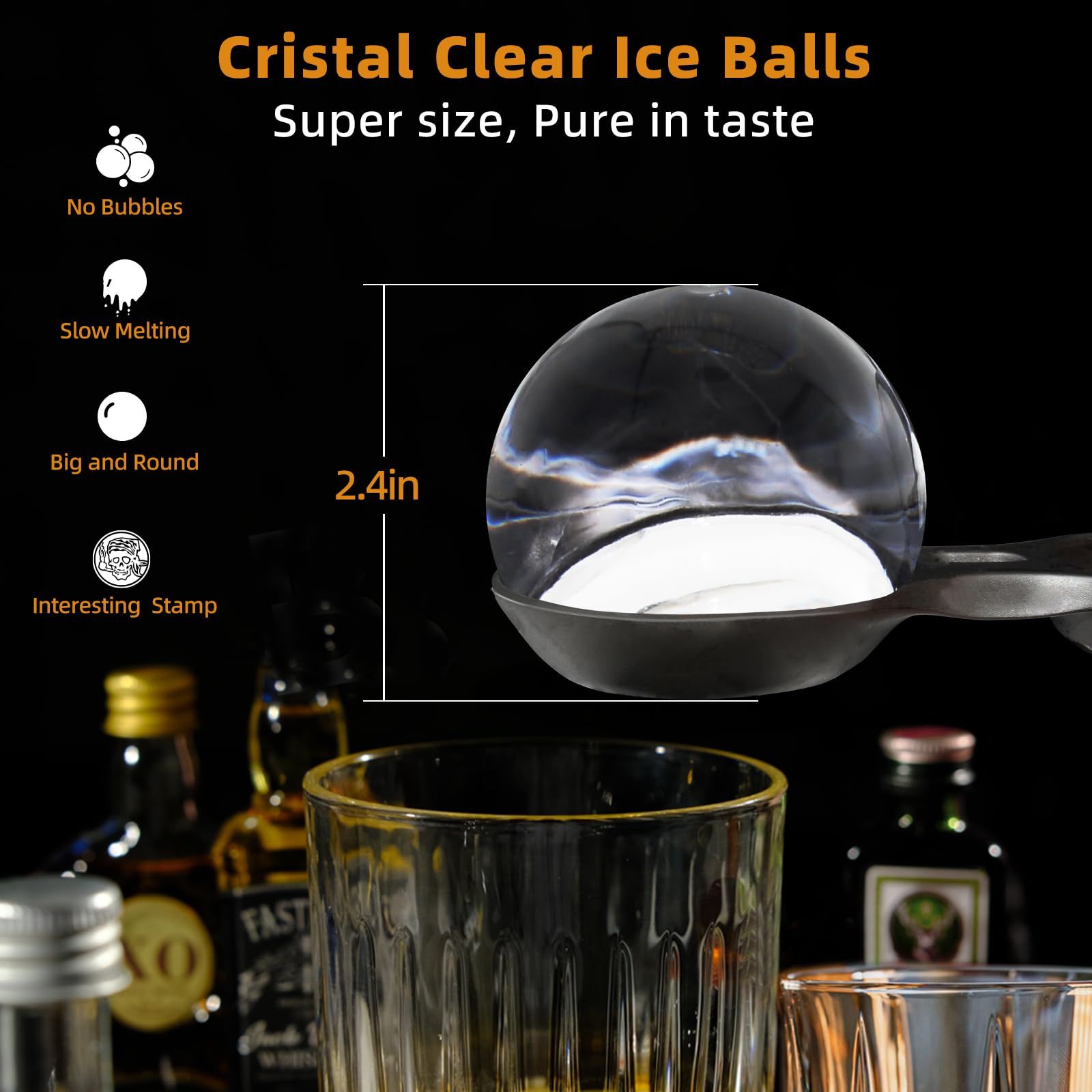 PushGoGo Clear Ice Ball Maker,Four Large 2.4
