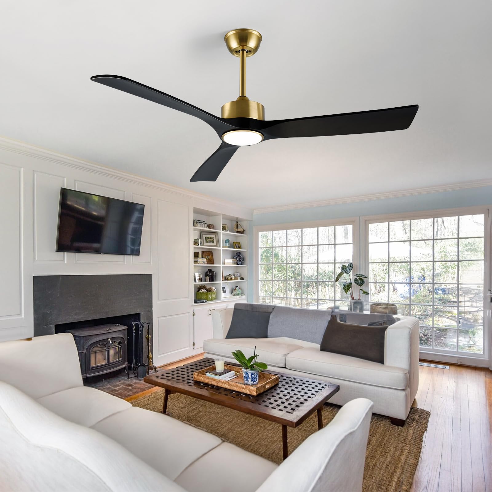 FOBLKS 52 Inch Gold and Black Ceiling Fan with Lights and Remote - Reversible Wood Blades, Silent Operation, Warm Soft Light, Suitable for Indoor and