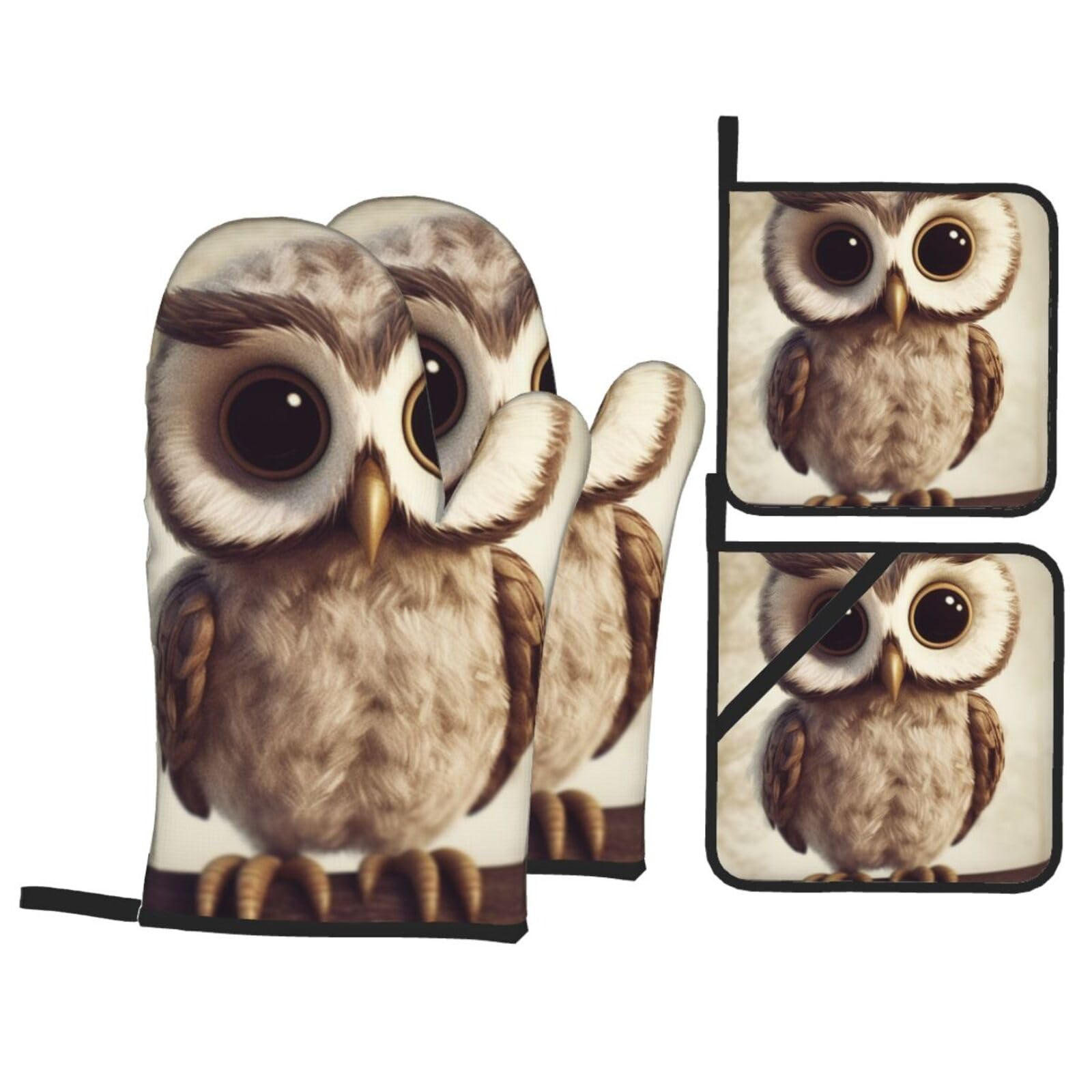 4 Piece Oven Mitts and Pot Holders Set Heat Resistant Oven Gloves and Potholders BBQ Gloves Hot Pads Cute Owl Cooking Gloves for Kitchen Baking Grilling