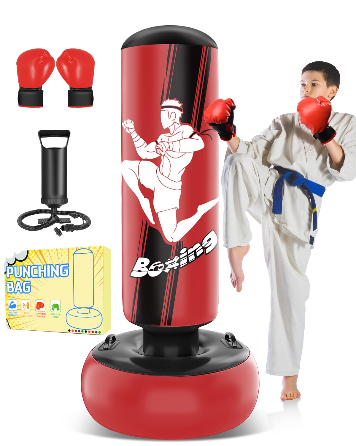 Sacco da boxe bambini - Set di sacco boxe autoportanti da 160 cm con guantoni da boxe - Sacco da kickboxing gonfiabile Dinosauro feroce per allenamento Karate Taekwondo MMA