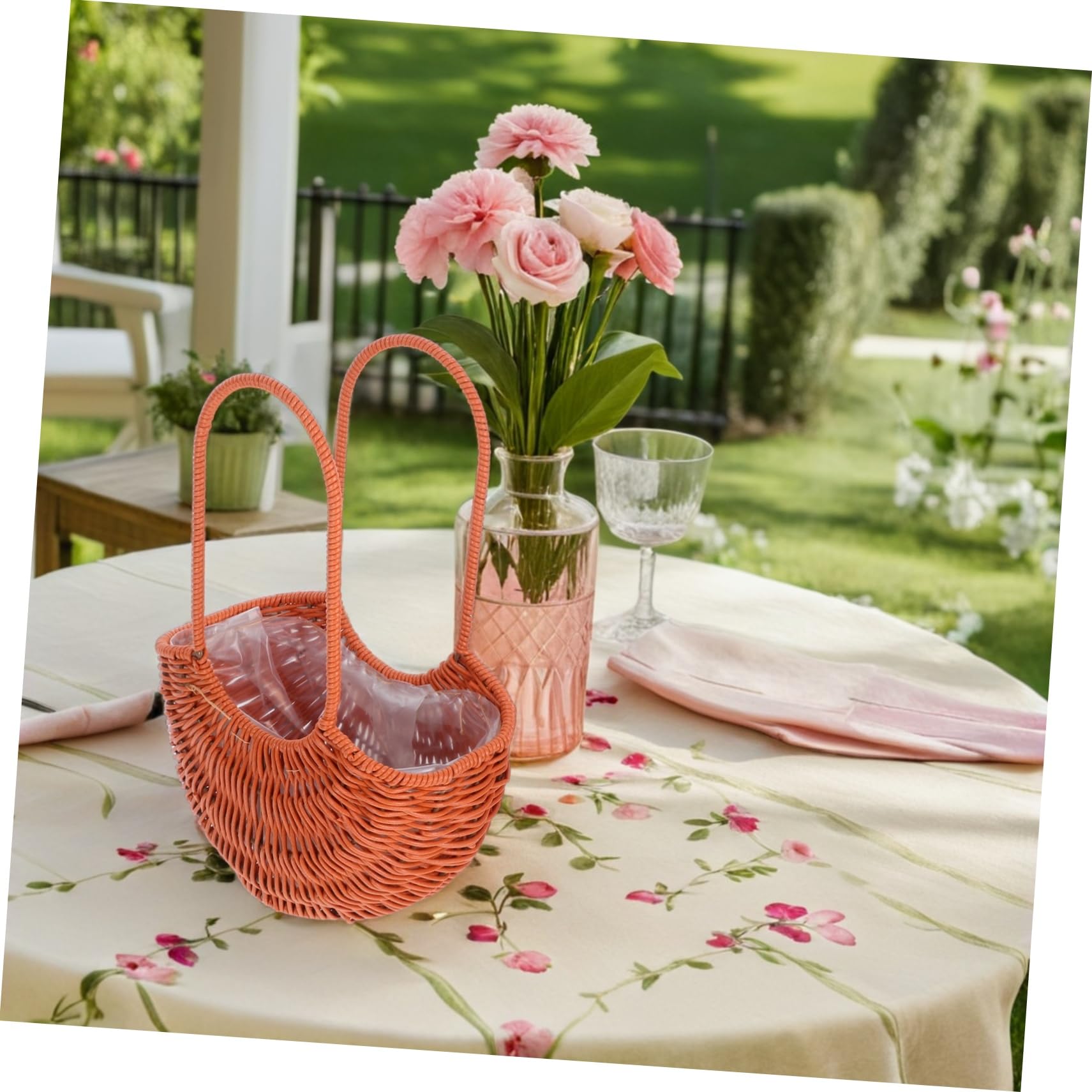 Cesta de Flores de Ratán Sintético Pequeña, con Asa y Forro