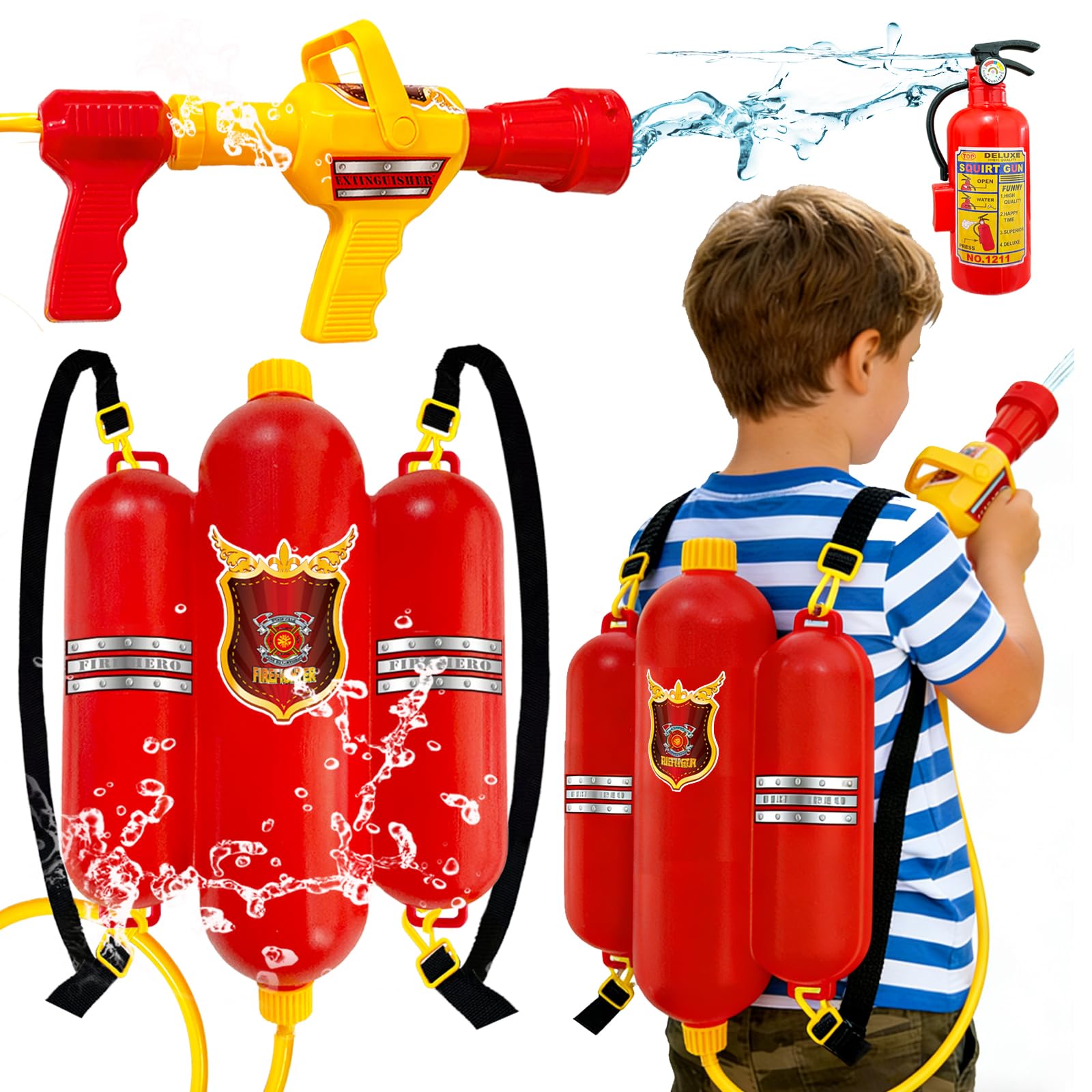 Photo 1 of 3Pcs Firefighter Backpack Water Gun Blaster Set for Kids,Fireman Tank with Hose Shooter Toy,Mini Fire Extinguisher Squirter for Summer Outdoor Play,Swimming Pool Party,World Book Day Costume Prop
