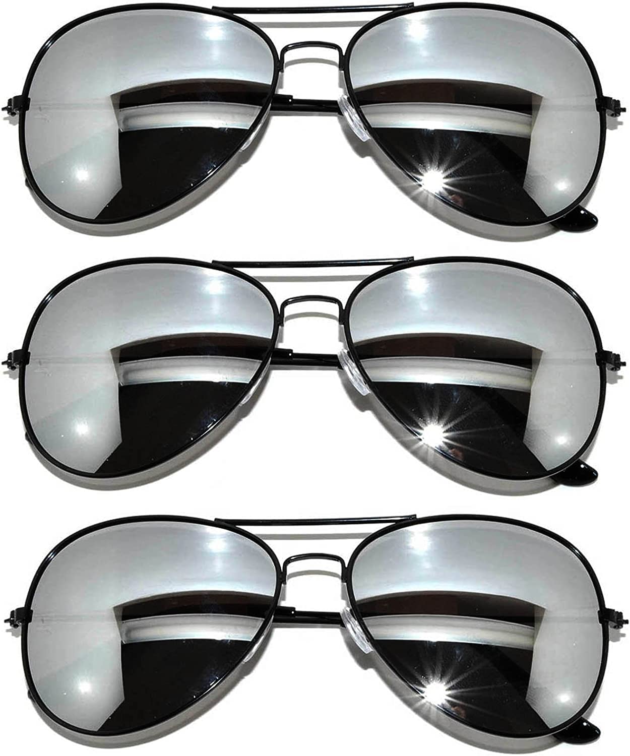 OWL Set of 3 Pack Aviator Style Sunglasses Colored Metal Frame Mirror Lens Smoke Lens