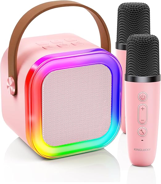 Kinglucky Mini Karaoke Machine for Kids with 2 Wireless Microphones – Fun Voice Effects, Birthday Gift for Girls Ages 3–12, Portable for Family Parties - Pink