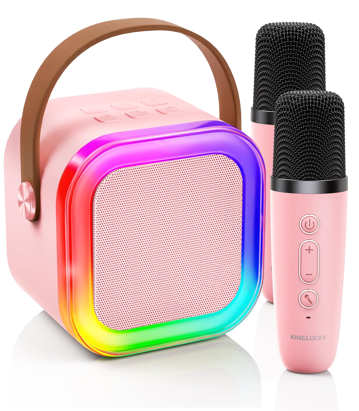 Kinglucky TOP Karaoke Machine for Kids (with Fun Voice Effects & LED Lights) Most Popular Birthday Easter Gifts for 3-12+ Years Old Girls Boys, Mini Karaoke Machine with 2 Wireless Microphones Pink