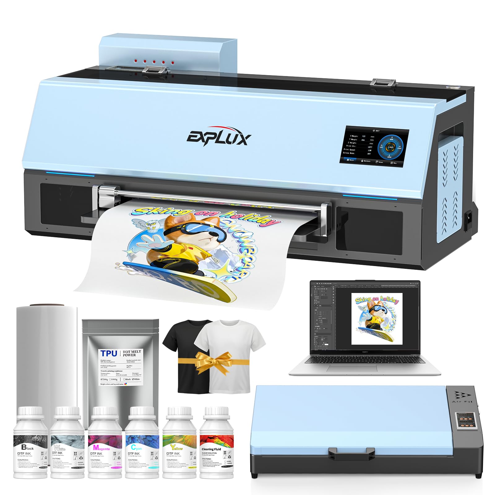 EXPLUX A3 DTF Printer C13 with XP600 Printhead, Auto-Clean & White Ink Circulation, Low-Ink Alert, 2-Year Free Ink, 2X Speed Printing for DIY T-Shirts, Hats, Bags (A3, Printer+Oven+Laptop)
