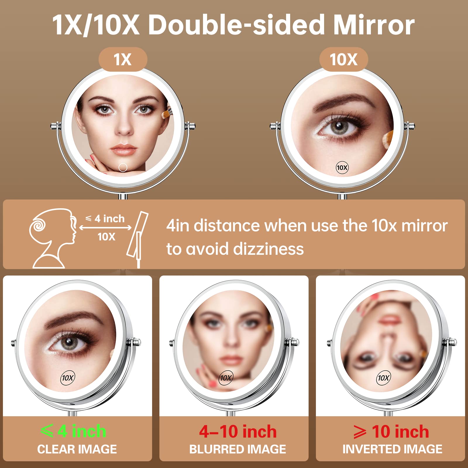 Gospire Miroir de maquillage lumineux de 17,8 cm avec grossissement 10x/1x, lumières LED rechargeables sans fil à intensité variable, pivotant à 360°, miroir de courtoisie cosmétique sur pied pour