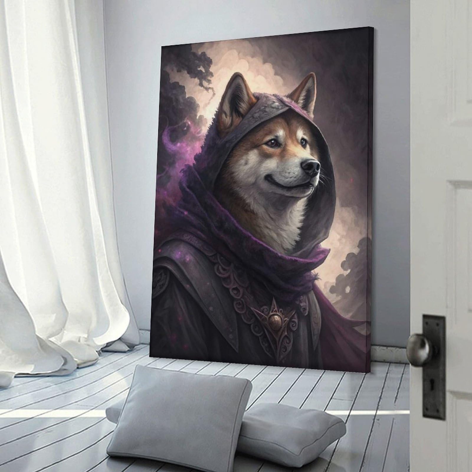 Junmoney Frame-Style-5-1 Shiba Inu Wizard In Purple Robes Decorative Wall Artwork, 24X36inch(60X90cm), For Work Areas, Reading Rooms Or Studios, Wall Art That Adds Style To Work Areas