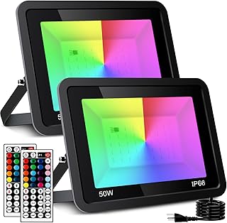 RGB Lights, 500W Equivalent Party Stage LED Flood Lights with 44-Key Remote Control IP66 Waterproof, DIY Scenes Timing Uplights for Halloween Outdoor Decoration and Christmas Lights(2 Pack)