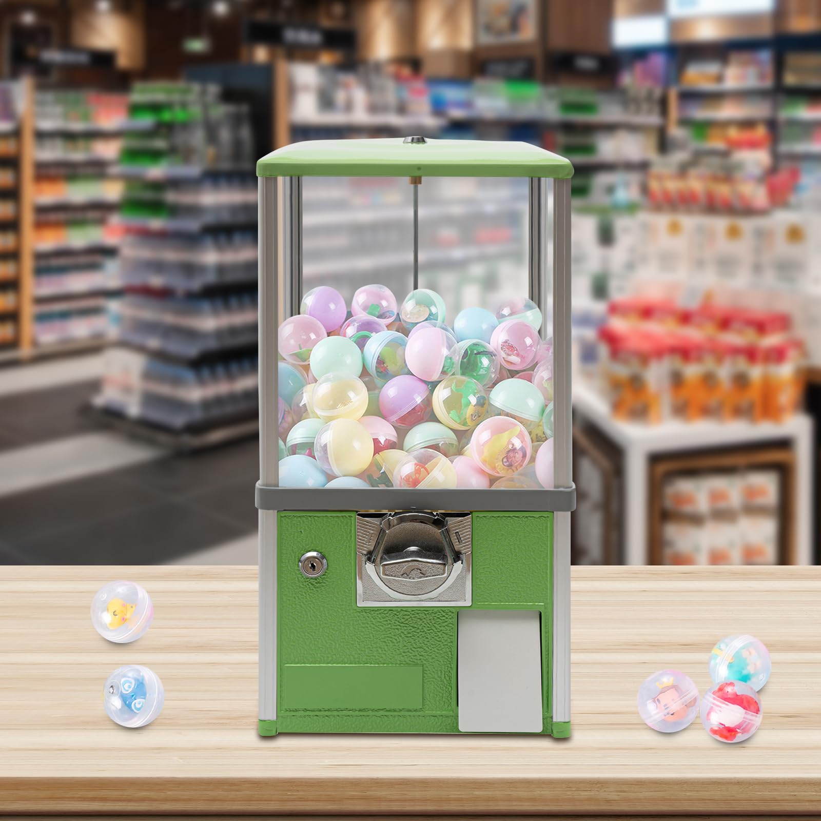 LyeXD Gumball Vending Machine, Big Bubble Candy Dispenser Machine Candy Gumball Machine Bank, 2 25 Cent Coins Each Side, 1.77in Capsule Toys, Gum Ball Vending Machines for 25 Cent Coin Only (Green)