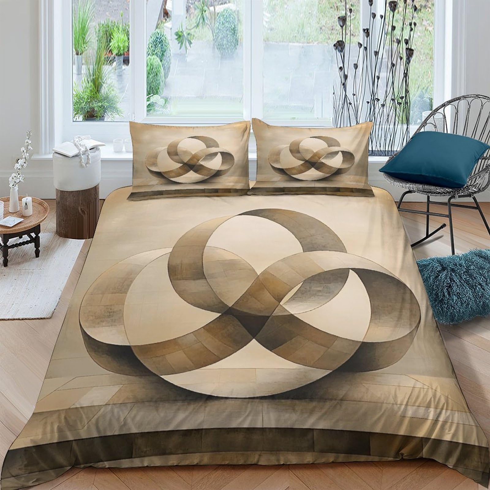 Ctjqhvkz Style-7 3D Printed Geometric Interlocking Circles Fitted Sheet Microfiber Soft Beige Modern Mattress Cover Bedroom Decor Single（135X200cm）