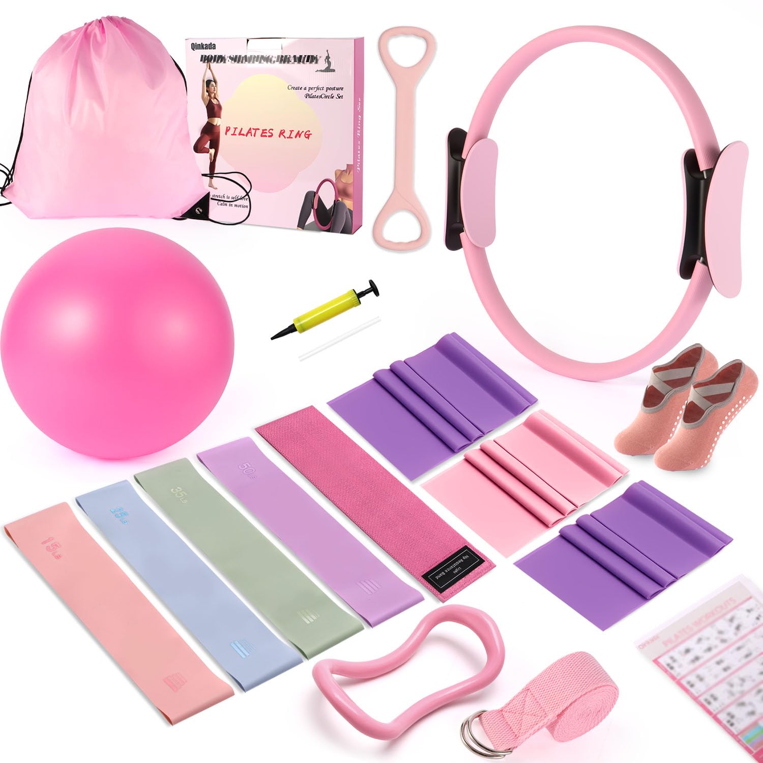 Qinkada Pilates-Set, Pilates-Ausrüstung, Heim-Set mit 38,1 cm Pilates-Ring | Workout Essentials mit Yoga-Ball, Widerstandsbänder, Figur 8, Widerstandsband, Armtrainer, Yogagurt, Socken, Tasche