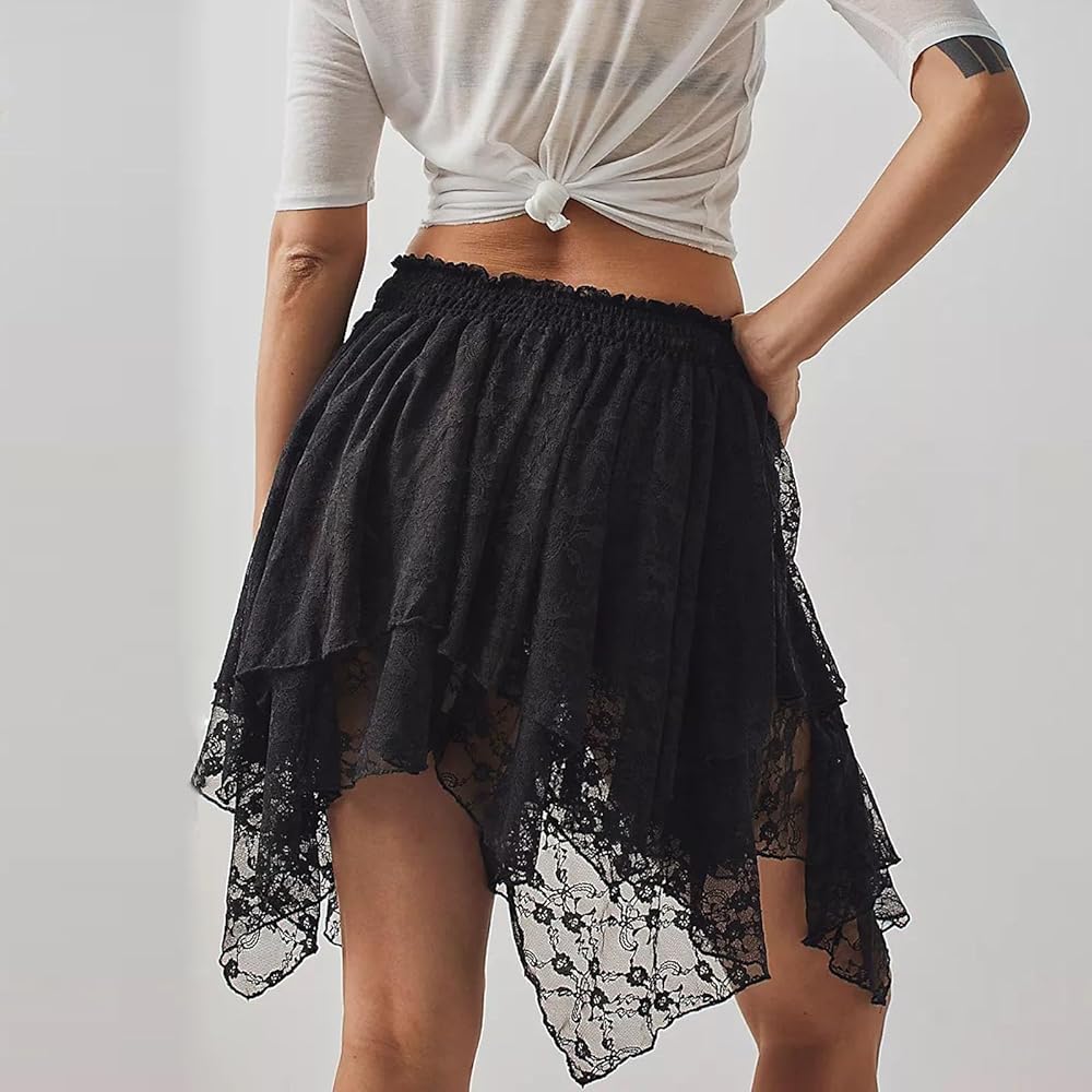 Amazon.com: Women Lace Skirt Elastic Waist Asymmetrical