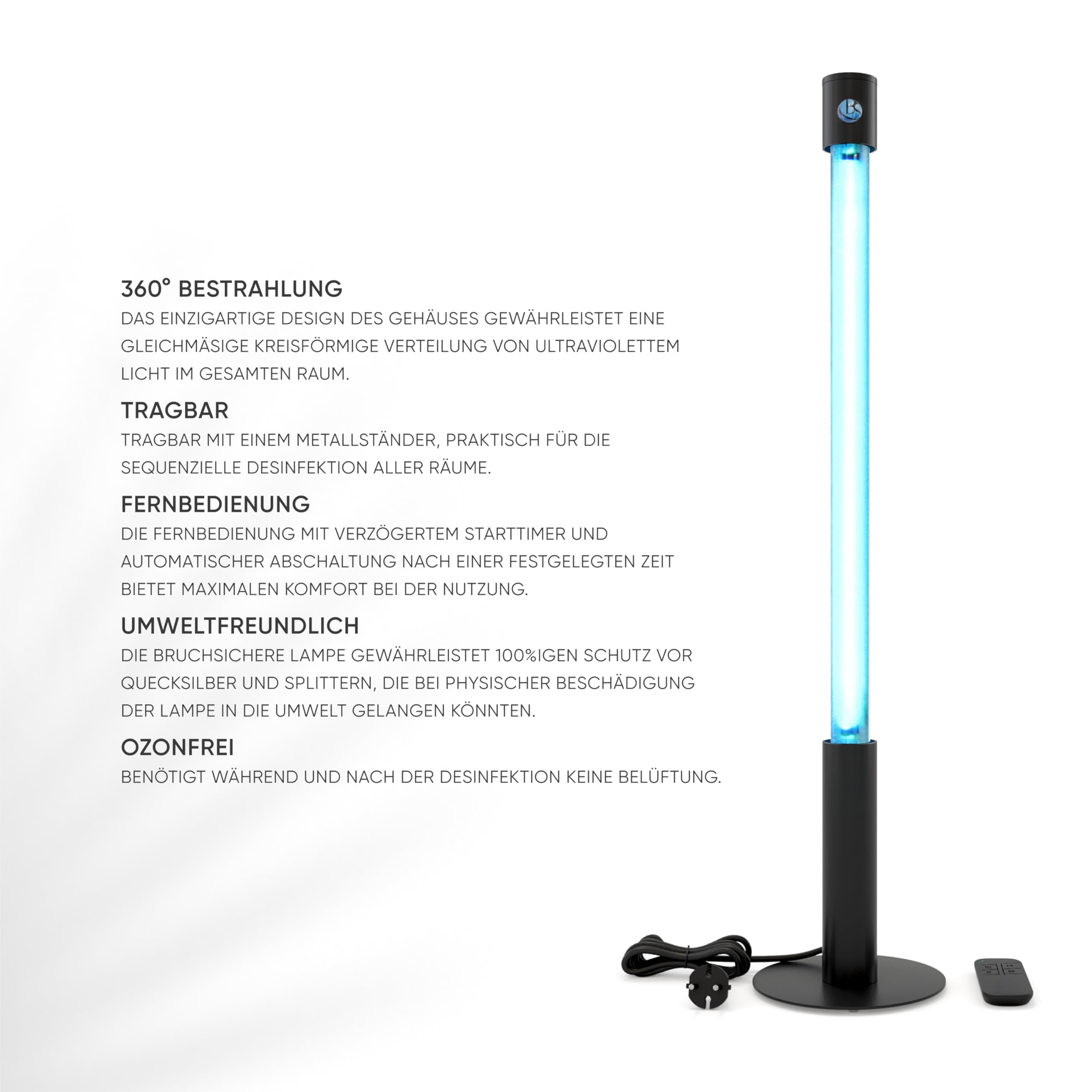 Lampada UV Germicida 360° 25 ECO + RC-TIMER 25W Senza Ozono con Telecomando e Timer - Sterilizzatore UV a Luce Ultravioletta 254nm, Lampada al Quarzo 16.000h, Antivirus per Casa, Ufficio
