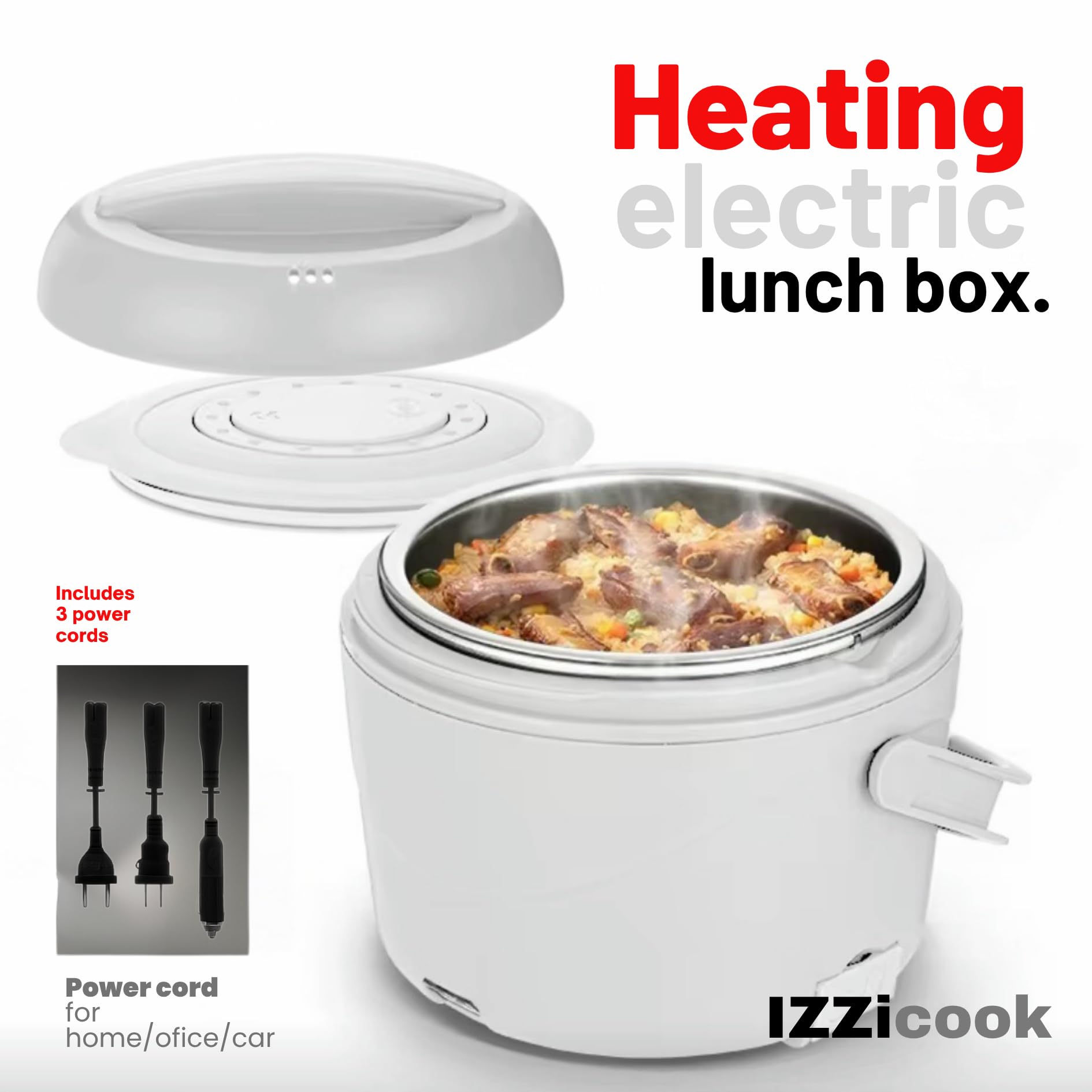 IZZi cook - Fiambrera calentadora para adultos, calentador eléctrico de 1.2 L y calentador de alimentos, solución de comida portátil para oficina, viajes y escuela con tapa a prueba de fugas y