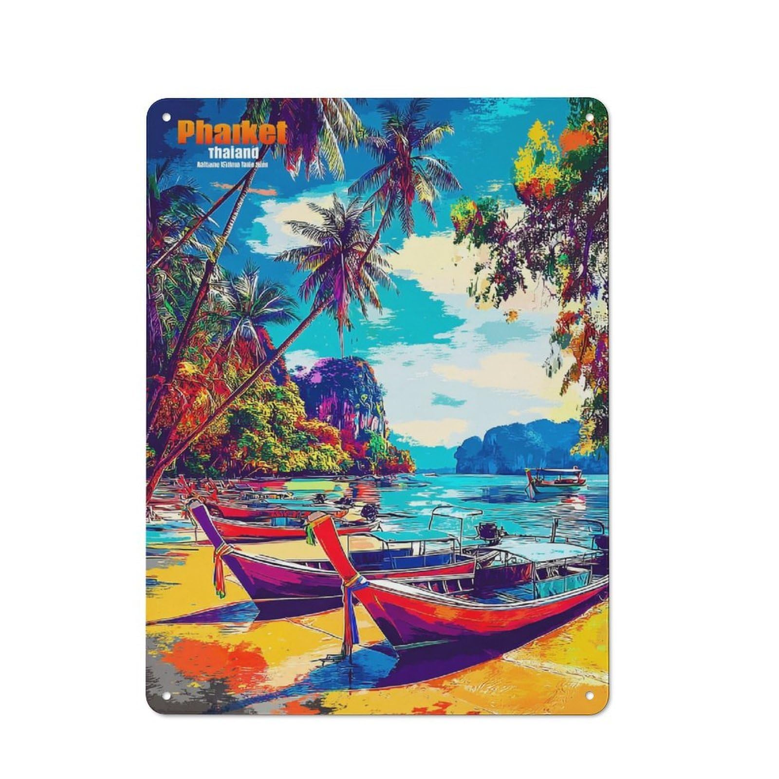 Junmoney Colorful Beach Scene In Thailand Retro Metal Wall Sign 40X30cm For Café Or Home Bar, For Home Bar Enthusiasts, For Retro Home Interiors