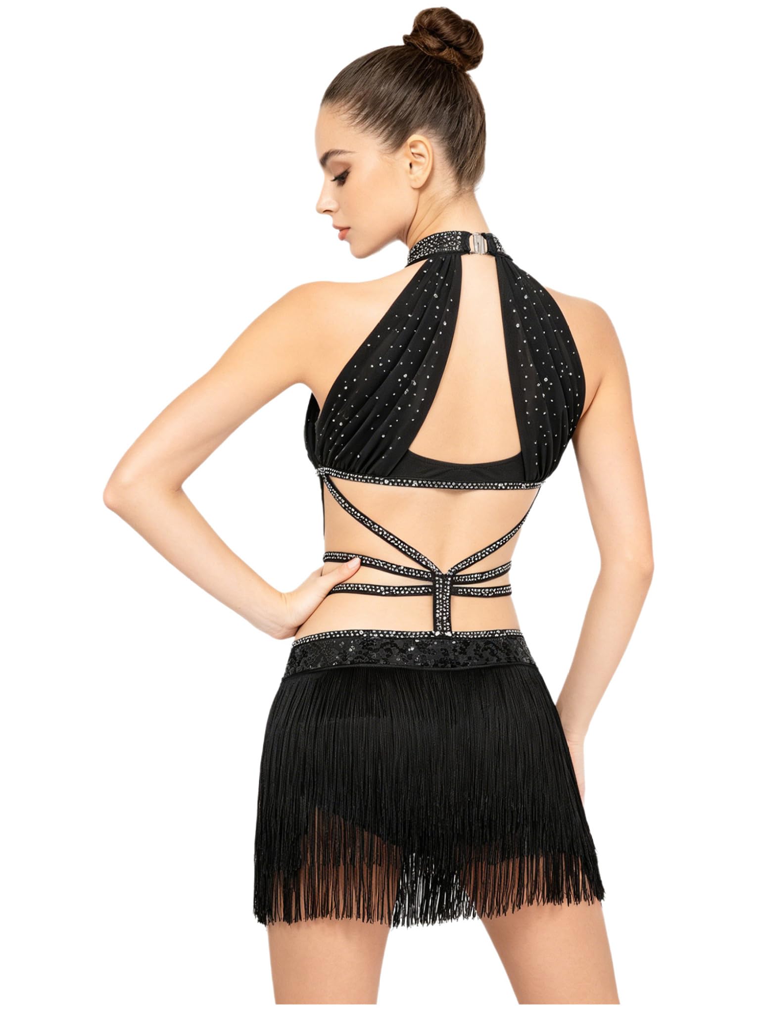 Mufeng Vestido de Baile Latino Mujer Maillot con Flecos Vestido Patinaje sobre Hielo de sin Mangas Leotardos de Danza Maillot Gimnasia Ritmica
