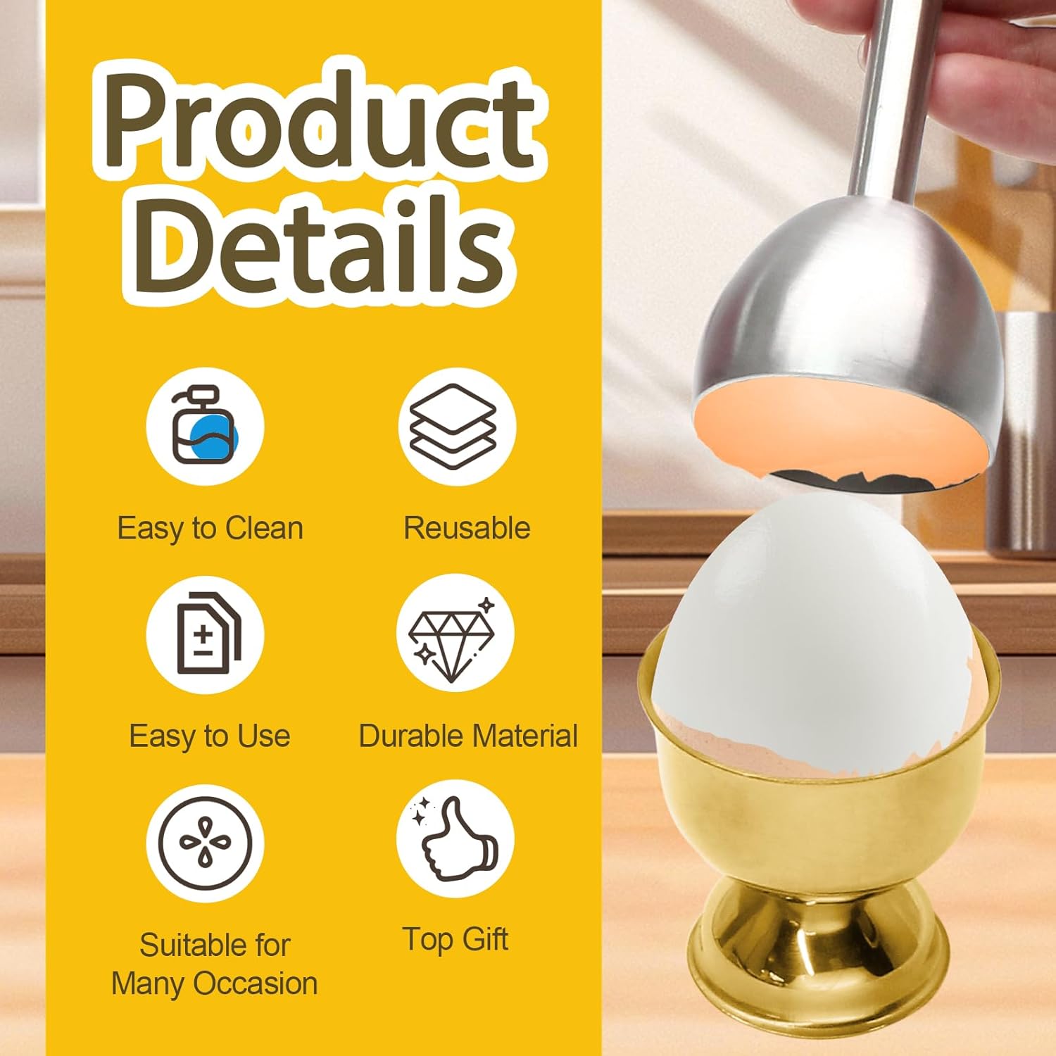 9 Pack Egg Shell Opener Set, Stainless Steel Egg Cups & Spoons, Ergonomic Topper for Soft Boiled Eggs