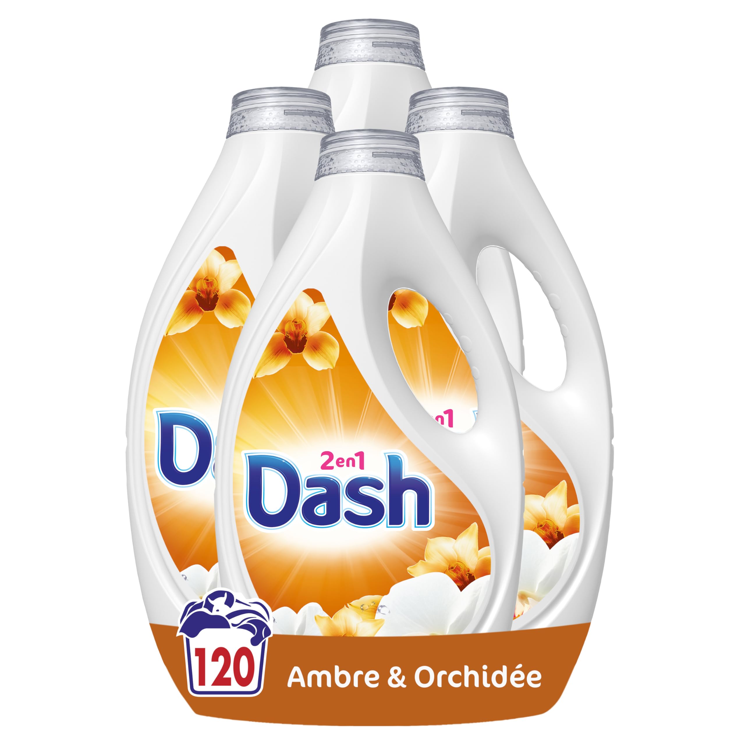 Dash 2en1 Lessive Liquide, 120 Lavages (4X30), Parfum Ambre & Orchidée, Jusqu'à 3 Semaines de Fraîcheur, Fabriqué en France