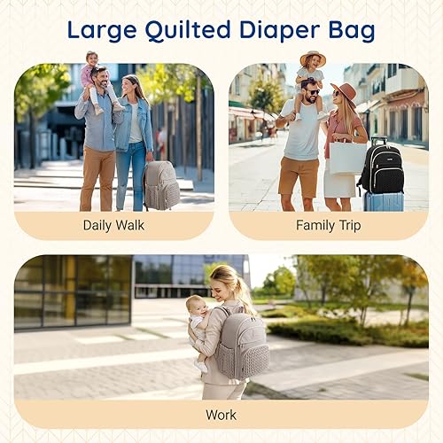 Miniatura 6 de mommore Mochila para pañales grande con bolsillos aislados, funda para laptop, hebillas para cochecito, mochila acolchada para pañales de viaje con