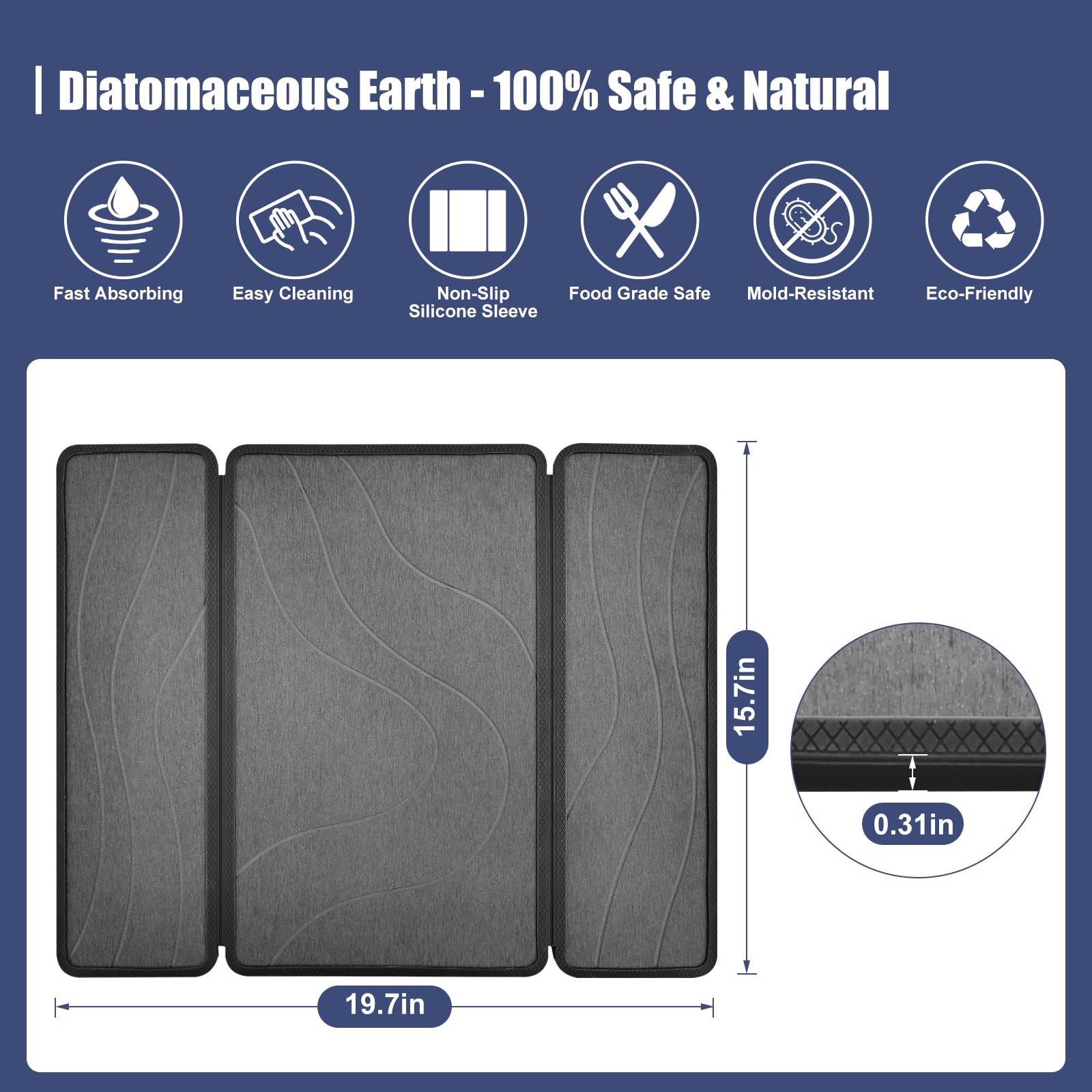 Alfombra Diatomita Baño con Funda de Silicona (Gris/Ondas Agua,50x40cm) | Alfombra de diatomita plegable (3 partes), superabsorbente, secado rápido y antideslizante para baño, ducha y lavabo