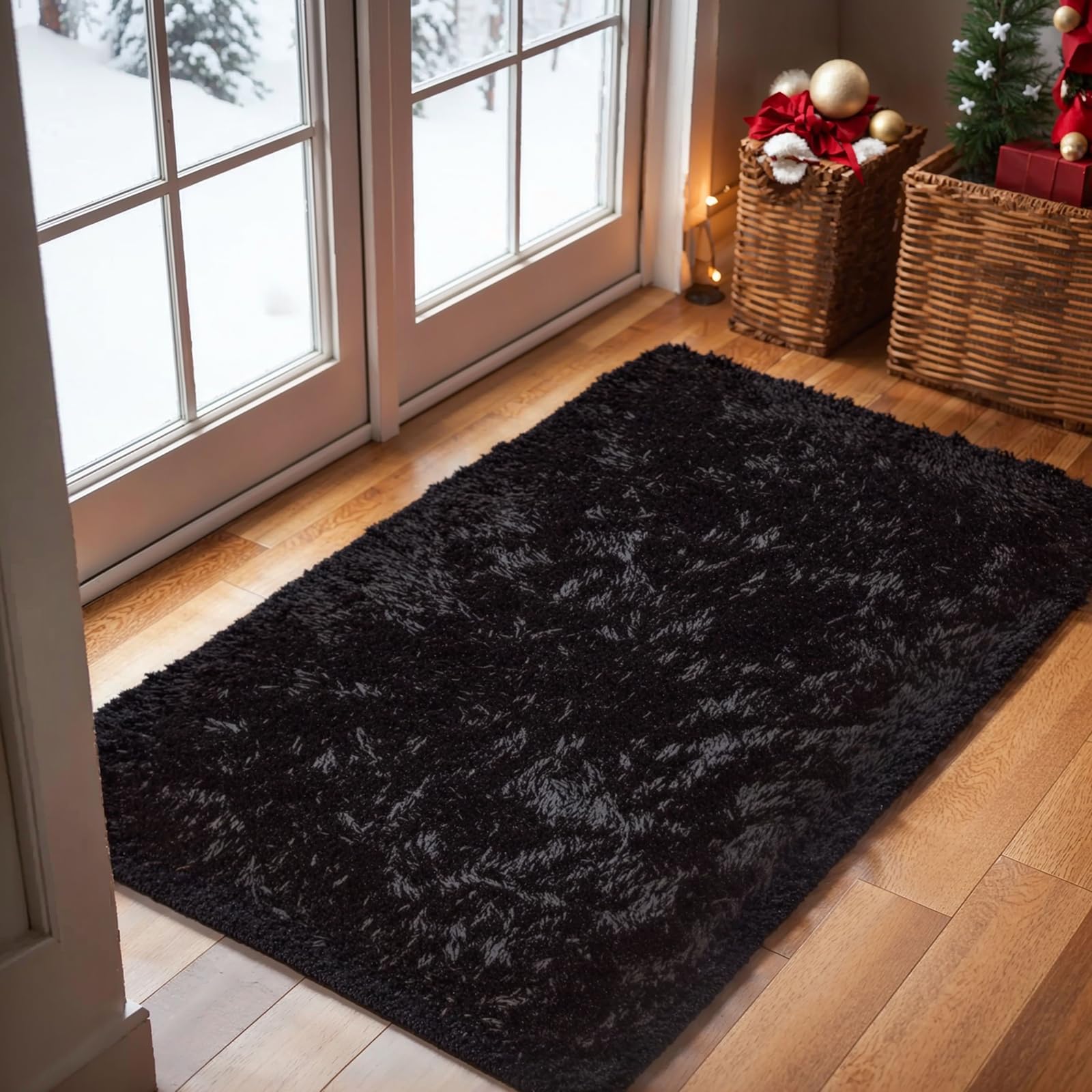 jianandi Alfombra de Salón, Alfombras Suaves y Mullidas para Dormitorio, Alfombra de Cabecera Lavable de Pelo Alto, Alfombra Relax para Salón y Dormitorio, Negro, 60cm×90cm