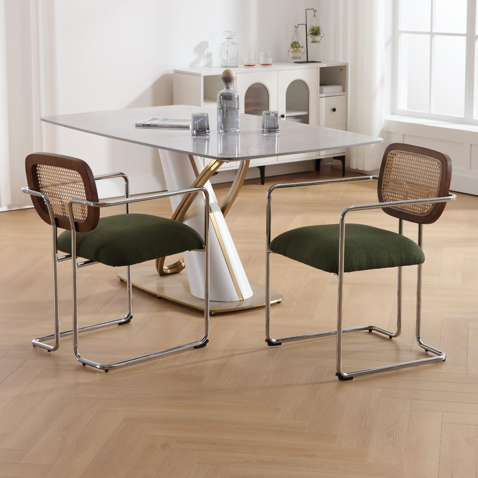 Esszimmerstühle 2er Set, Retro Küchenstühle mit Rattan Rückenlehne Gepolsterte Essstühle mit Metallgestell aus Leinen, für Esszimmer Wohnzimmer Küche Schlafzimmer​Lounge, Grün